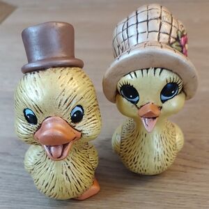 Charming Easter Anthropomorphic Yellow Bird Ceramic Handpainted Figurines Pair